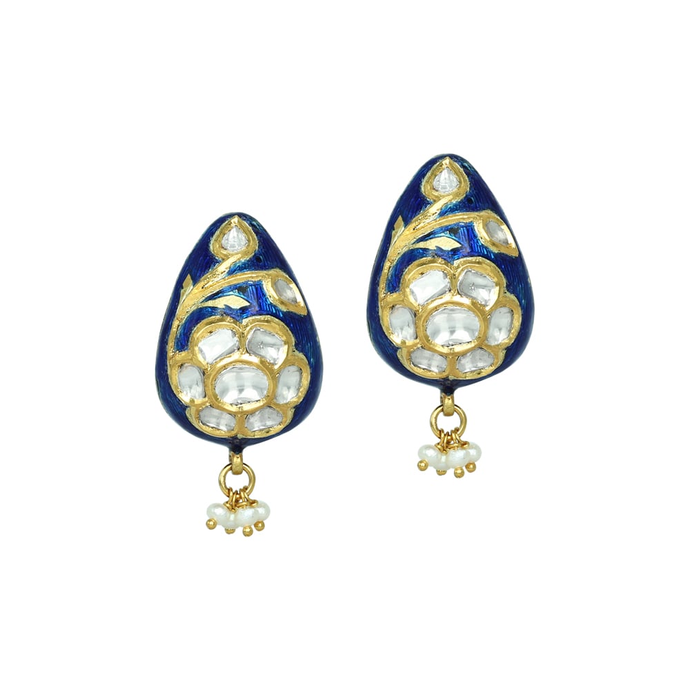 Blue Enamel Polki Earrings with Floral Motif and Pearl Cluster